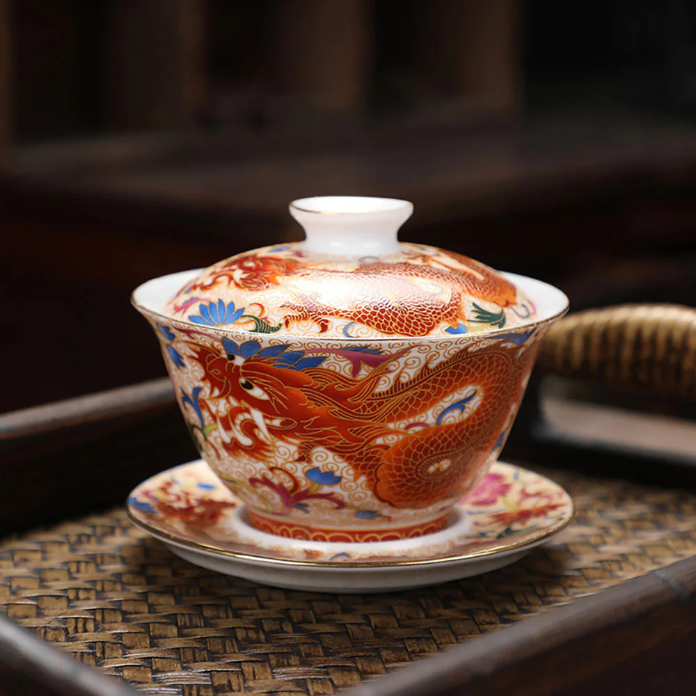 Enamel Porcelain Dragon Phoenix Gaiwan - Image 3