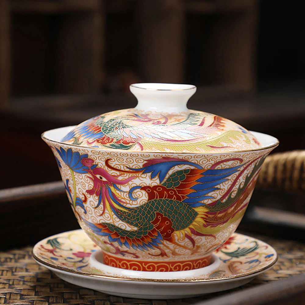 Enamel Porcelain Dragon Phoenix Gaiwan - Image 4