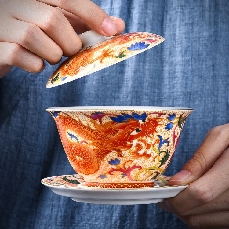 Enamel Porcelain Dragon Phoenix Gaiwan - Image 8