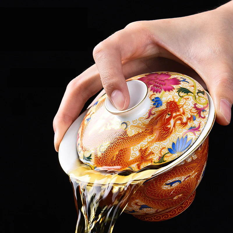 Enamel Porcelain Dragon Phoenix Gaiwan - Image 9