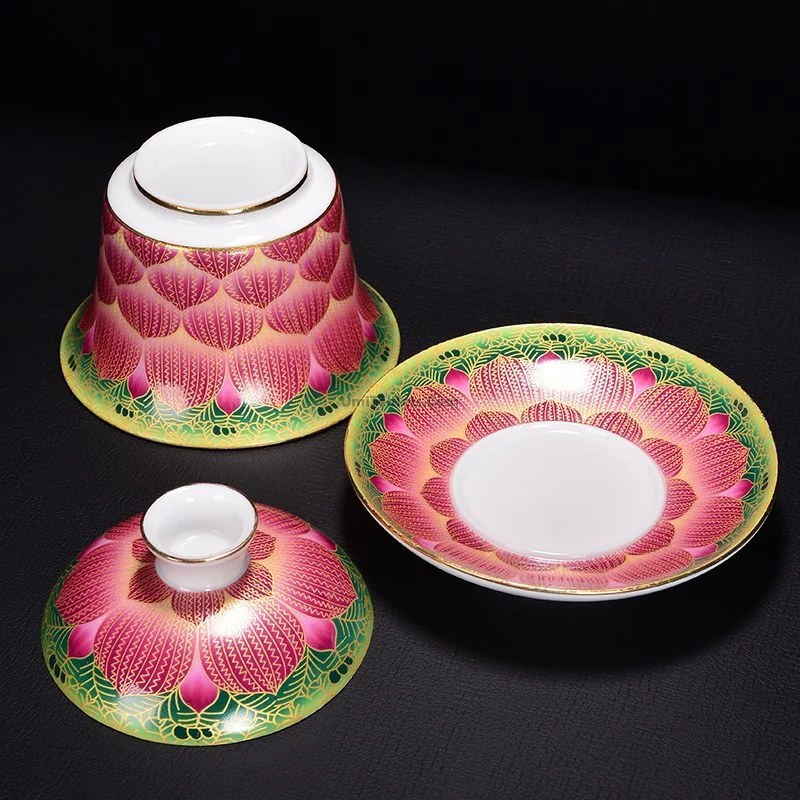 Enamel Porcelain Pink Lotus Gaiwan - Image 3
