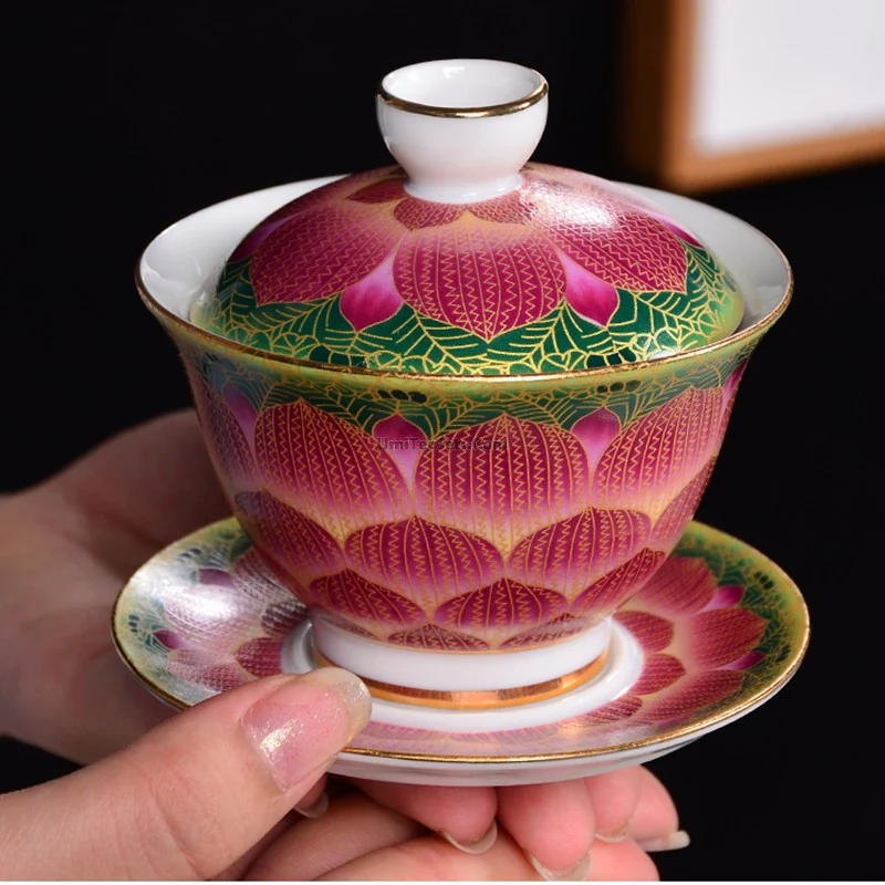 Enamel Porcelain Pink Lotus Gaiwan - Image 4