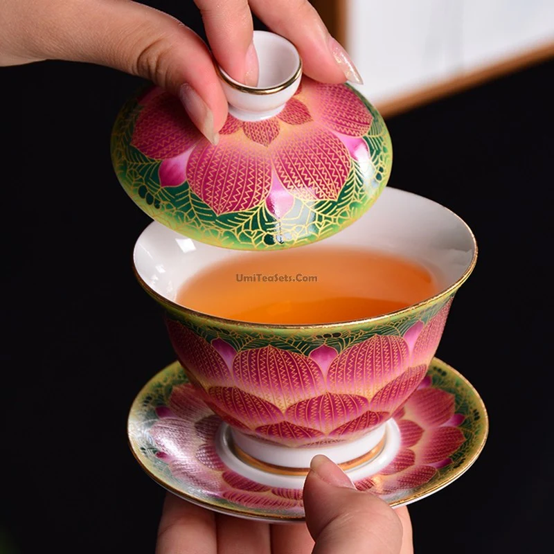 Enamel Porcelain Pink Lotus Gaiwan - Image 5