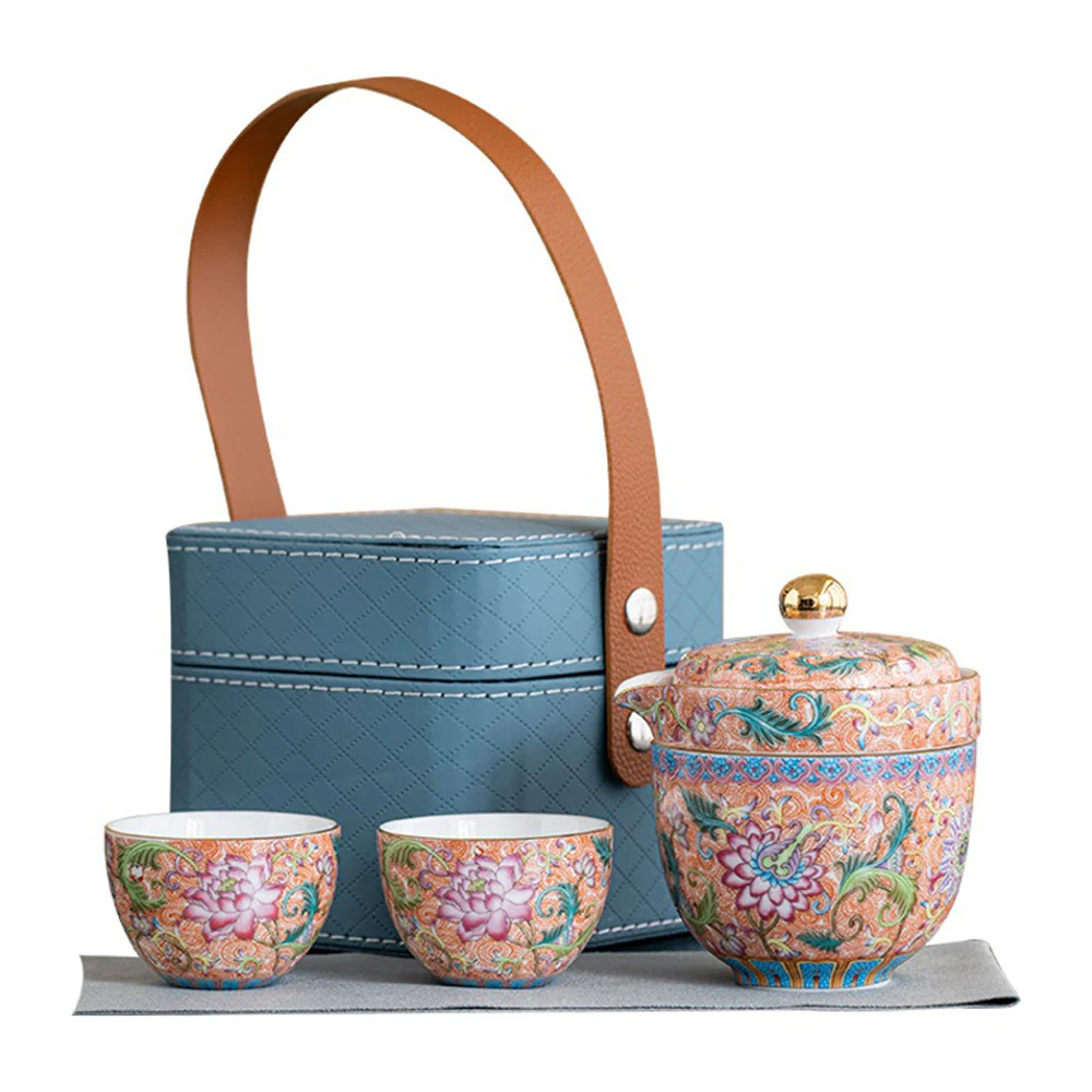 Enamel Travel Tea Set With Leather Bag - Image 2