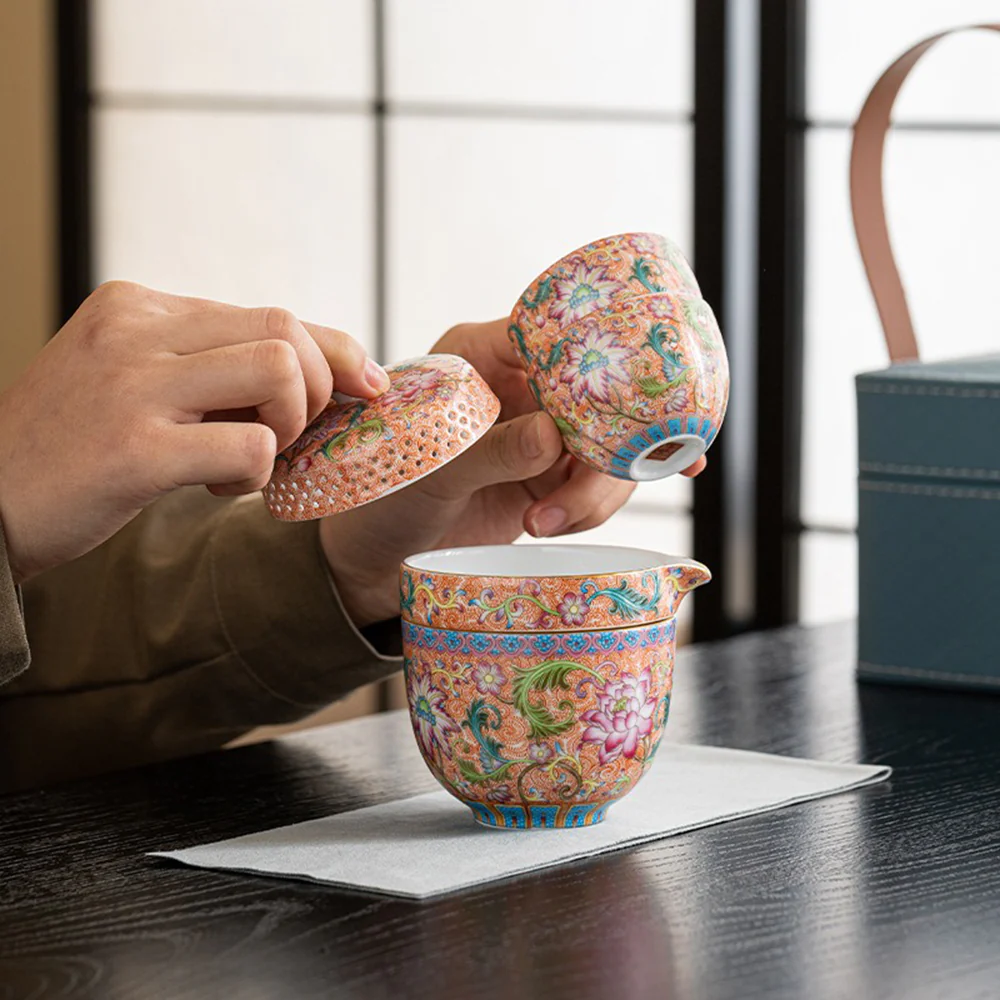 Enamel Travel Tea Set With Leather Bag - Image 3