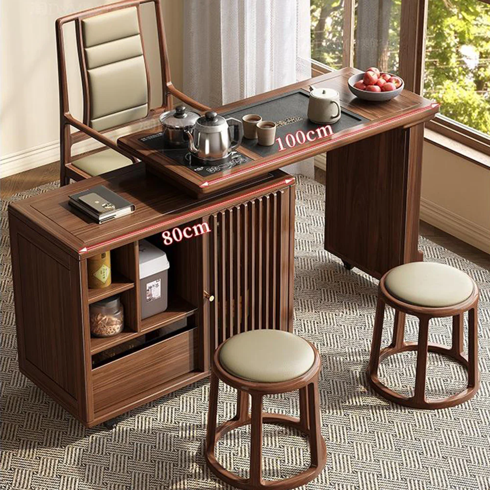 Extendable & Rotatable Walnut Movable Tea Table - Image 2
