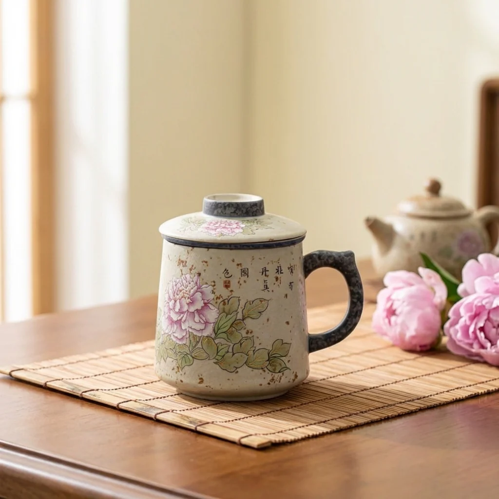 Flint Red Ceramic Peony Tea Cup With Infuser - Image 2