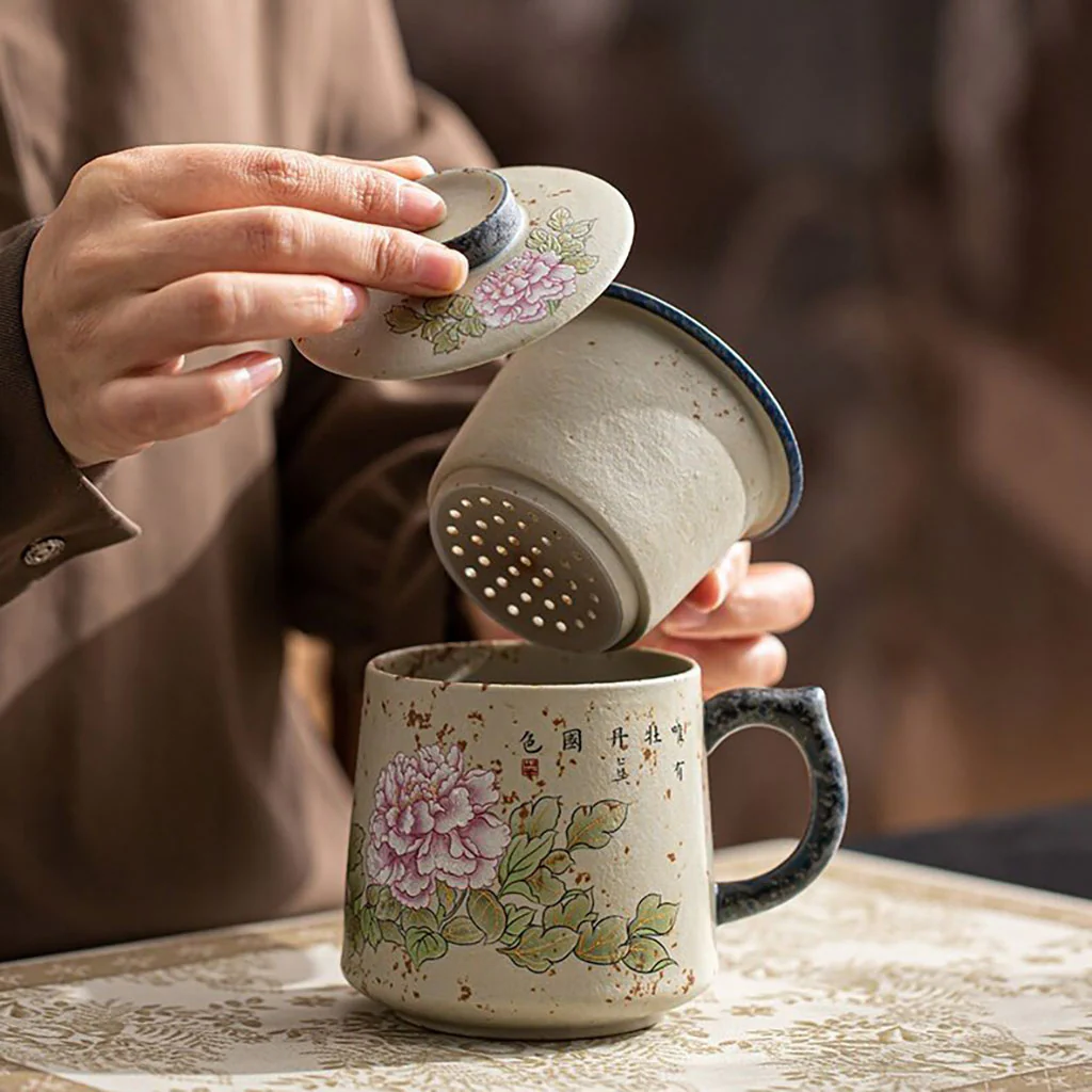 Flint Red Ceramic Peony Tea Cup With Infuser - Image 3