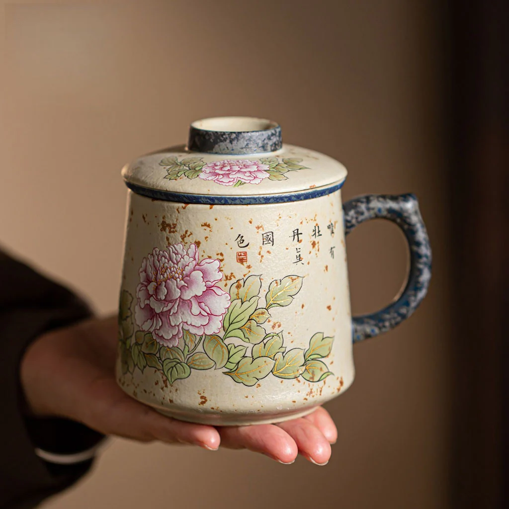 Flint Red Ceramic Peony Tea Cup With Infuser - Image 4