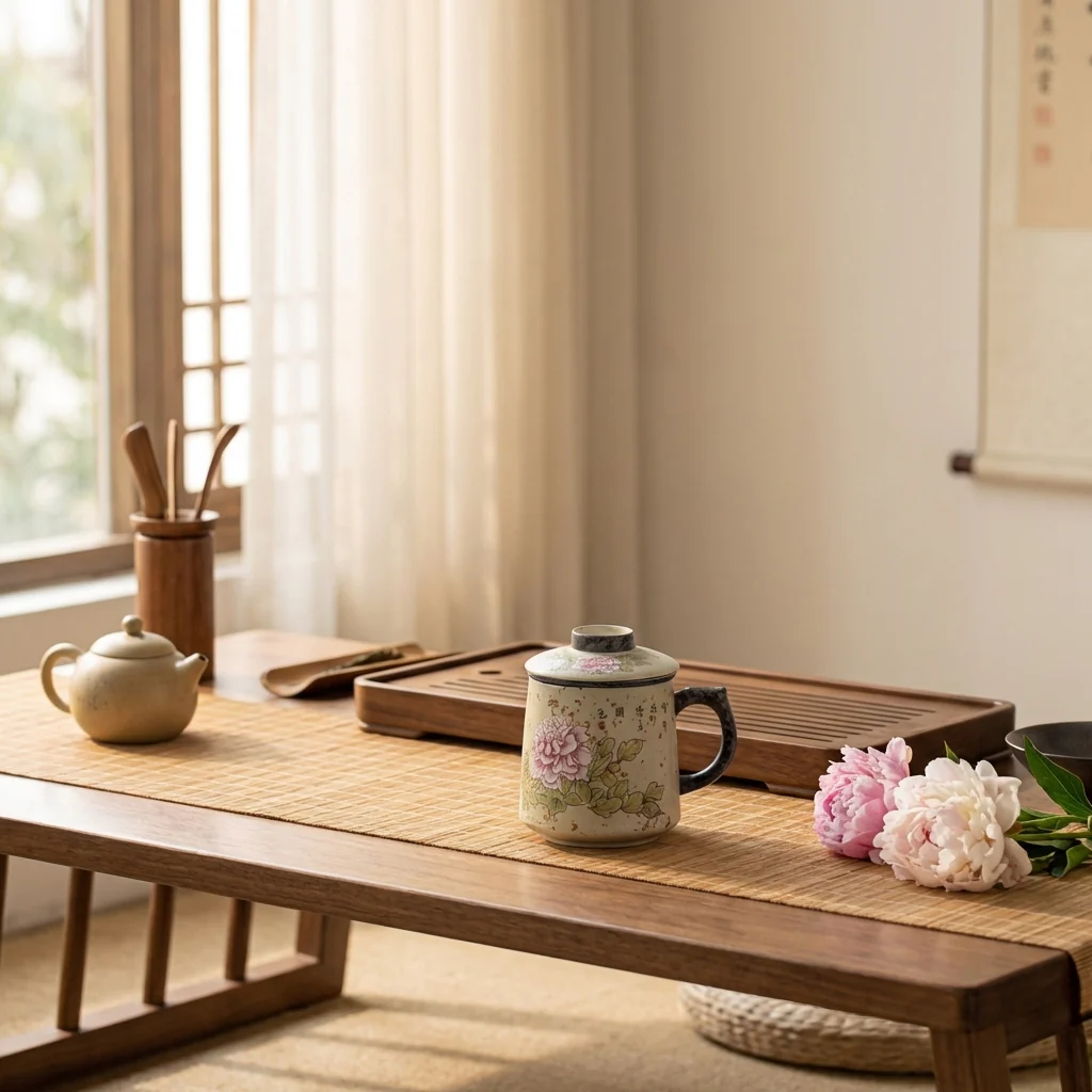 Flint Red Ceramic Peony Tea Cup With Infuser - Image 5