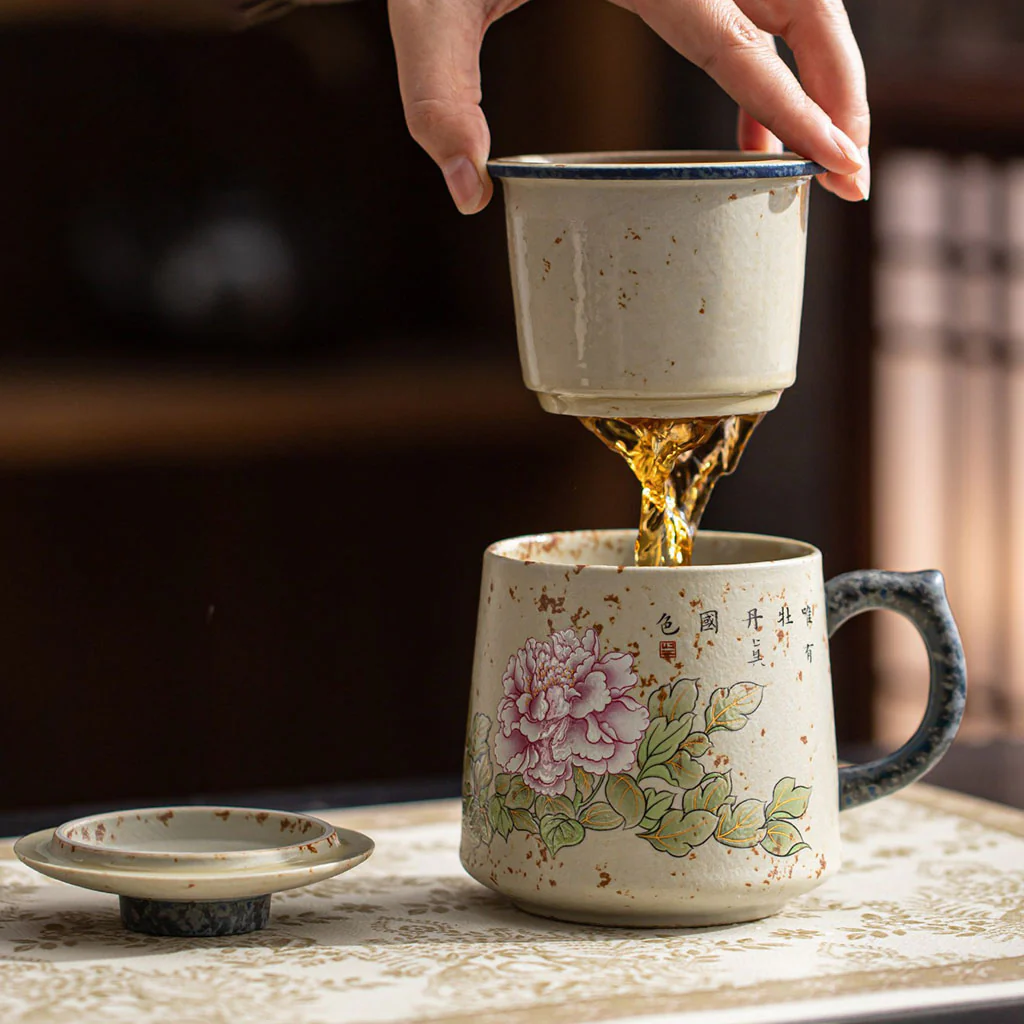 Flint Red Ceramic Peony Tea Cup With Infuser - Image 6