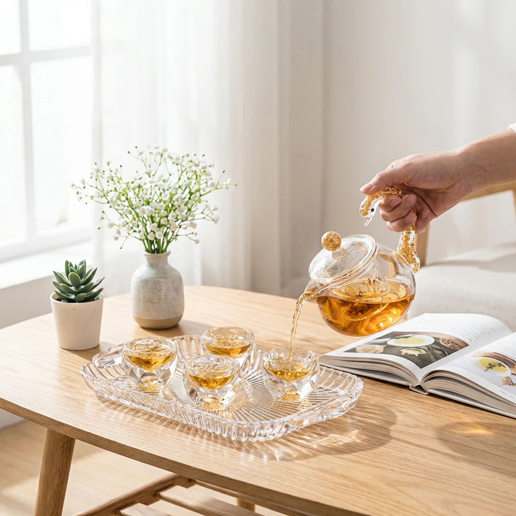Gold Foil Diamond-Cut Crystal Glass Tea Set - Image 2
