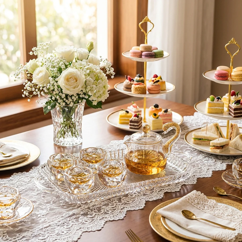 Gold Foil Diamond-Cut Crystal Glass Tea Set - Image 3