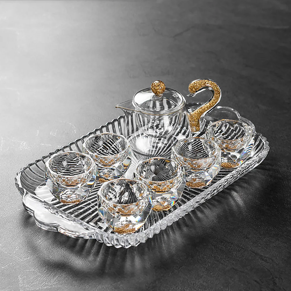 Gold Foil Diamond-Cut Crystal Glass Tea Set - Image 4