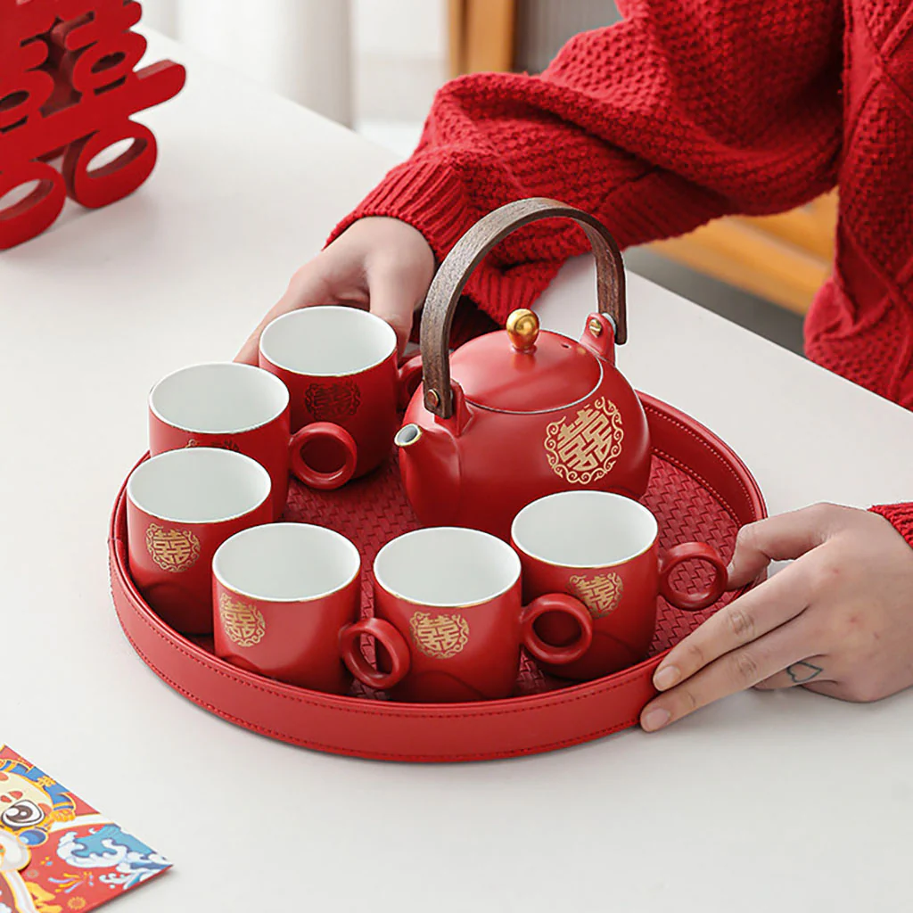 Golden Double Happiness Ceramic Wedding Tea Set - Image 3