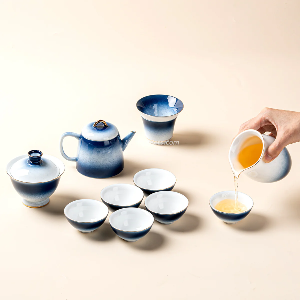 Gradient Blue Jade Porcelain Tea Set - Image 3