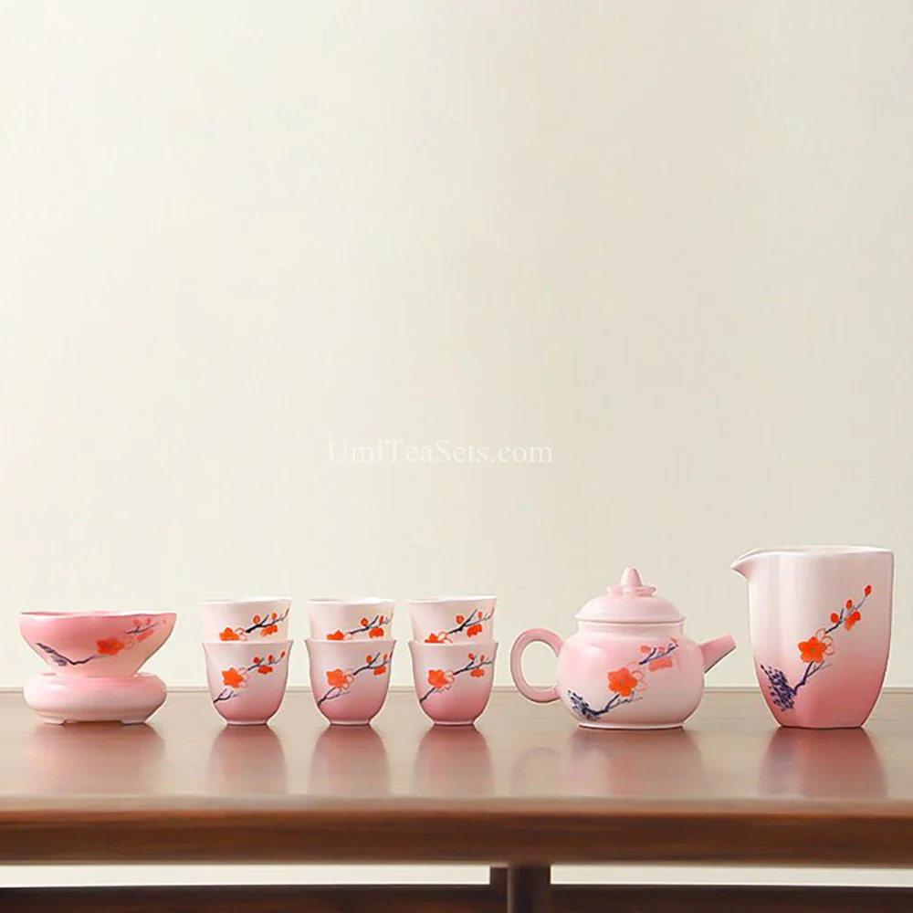 Gradient Pink Peach Blossom Porcelain Tea Set - Image 3