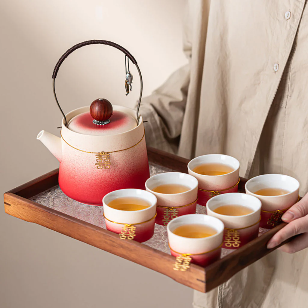 Gradient Red Ceramic Wedding Tea Set - Image 3