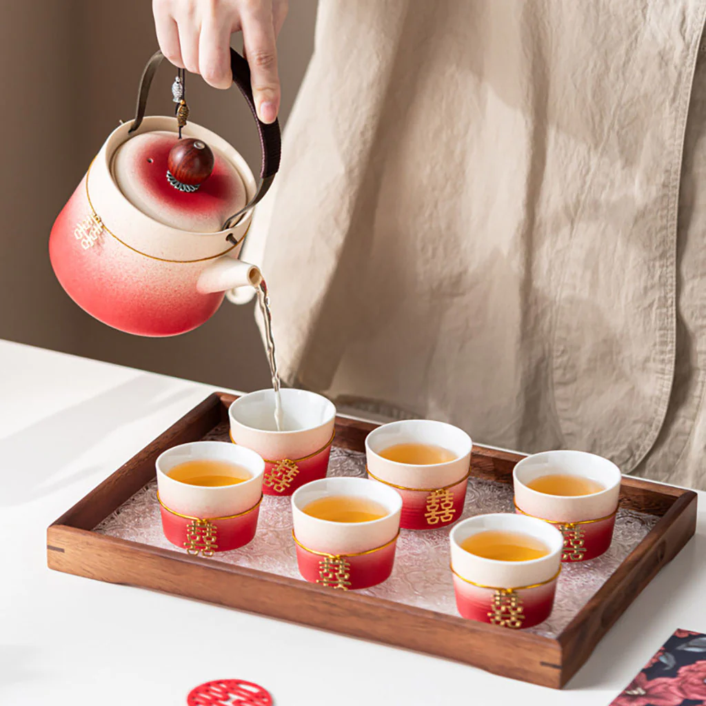 Gradient Red Ceramic Wedding Tea Set - Image 4