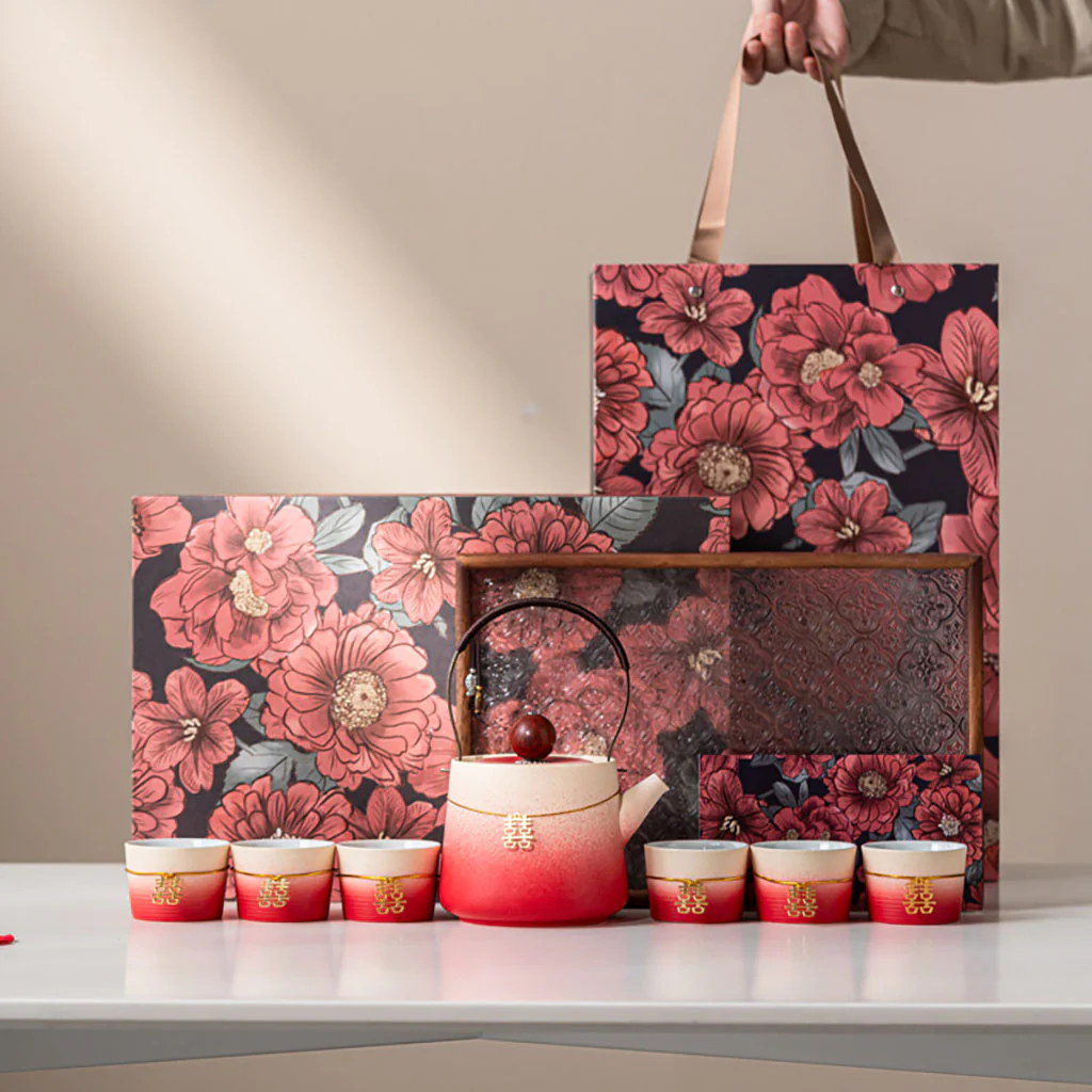 Gradient Red Ceramic Wedding Tea Set - Image 5