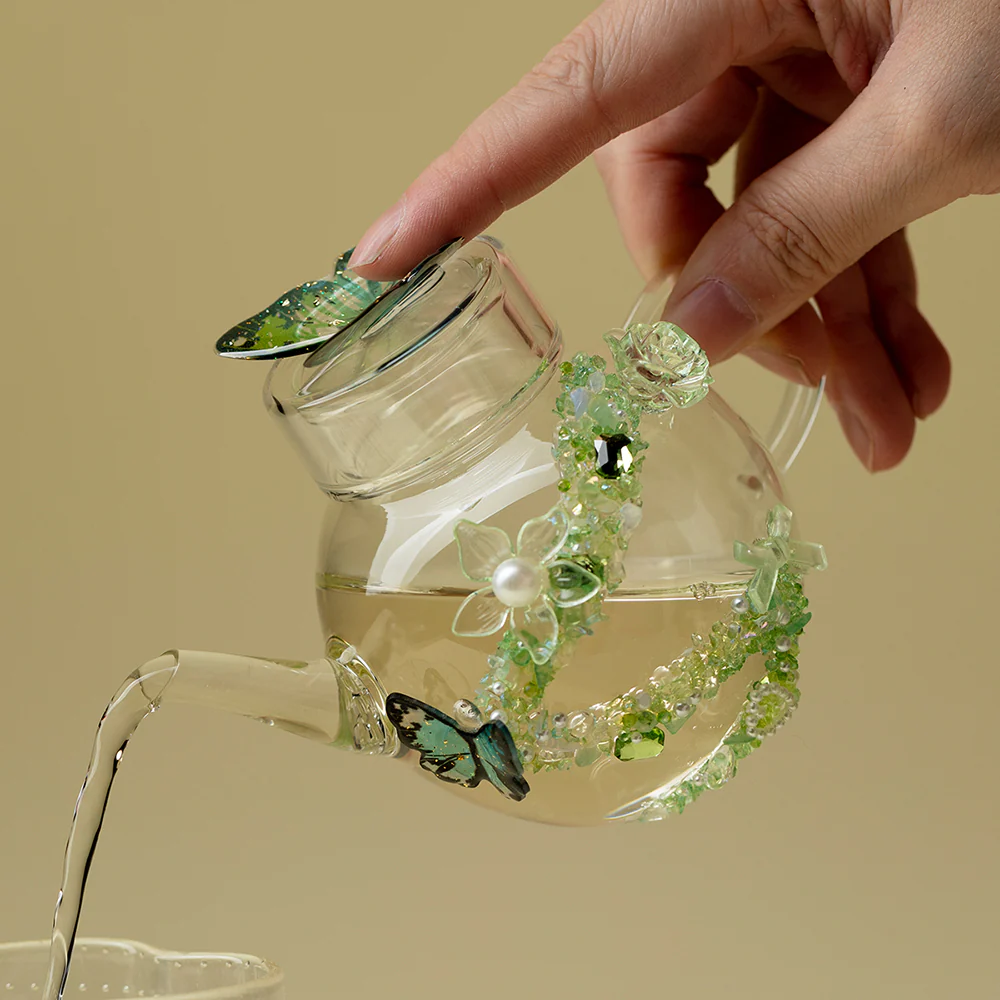 Green Butterfly Borosilicate Glass Teapot - Image 3