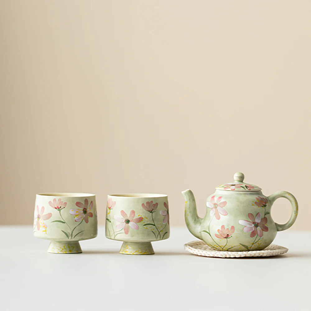 Green Ceramic Gesang Flower Travel Tea Set - Image 3
