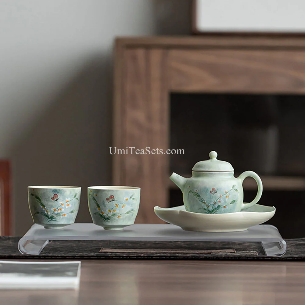 Green Glazed Orchid And Butterfly Tea Set - Image 4