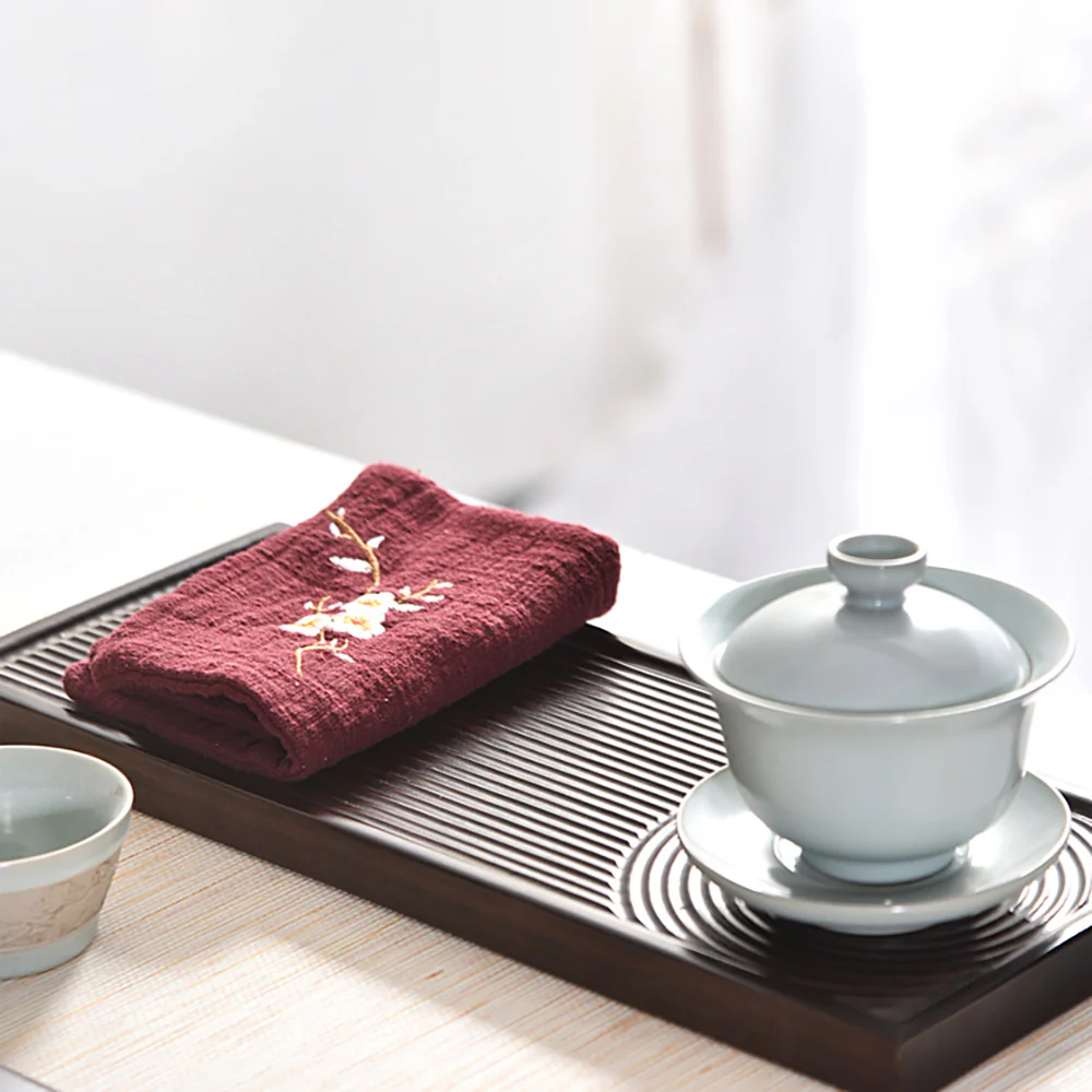 Hand Embroidered Peach Blossom Cotton Linen Tea Towel - Image 2
