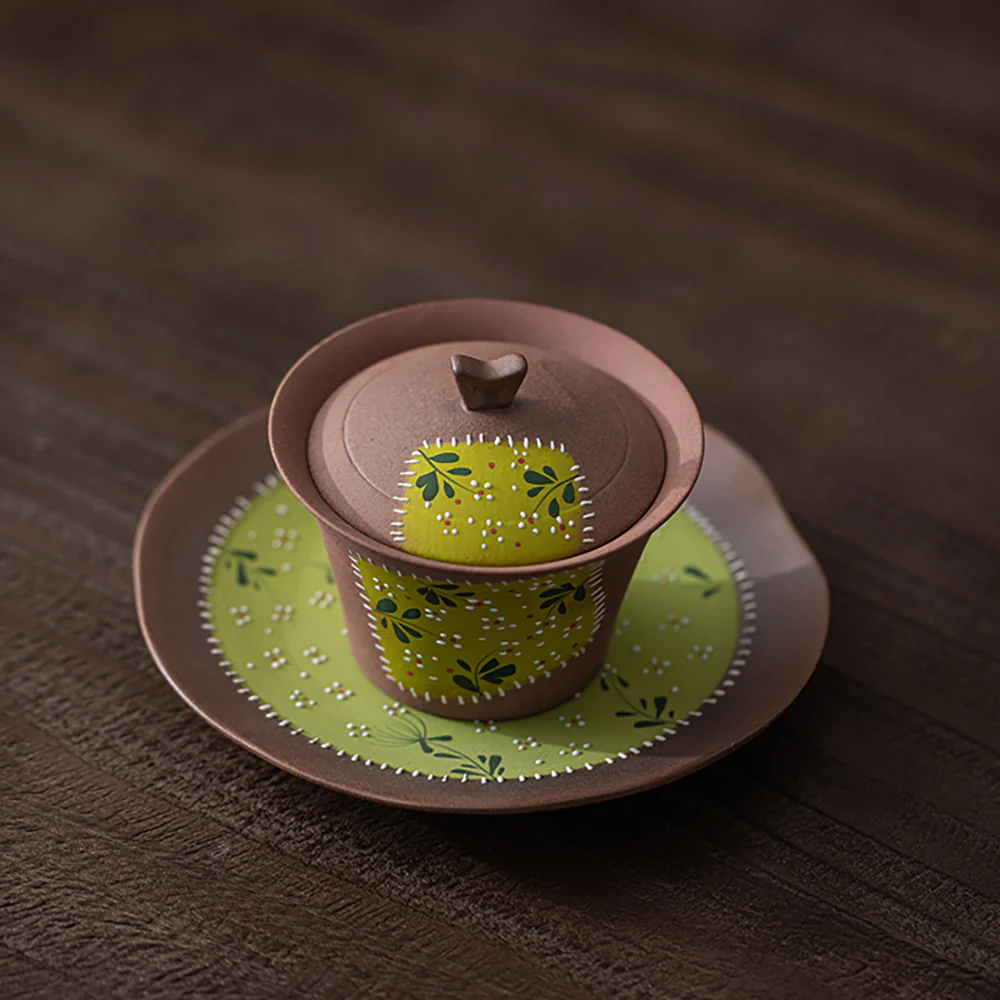 Hand Painted Daisy Patches Pottery Gaiwan - Image 3