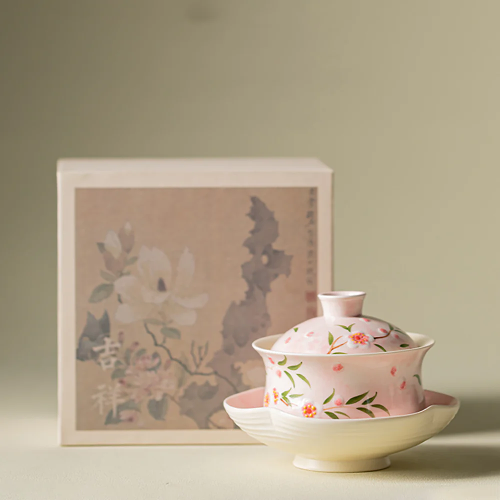 Hand-printed Peach Blossom Porcelain Gaiwan - Image 2