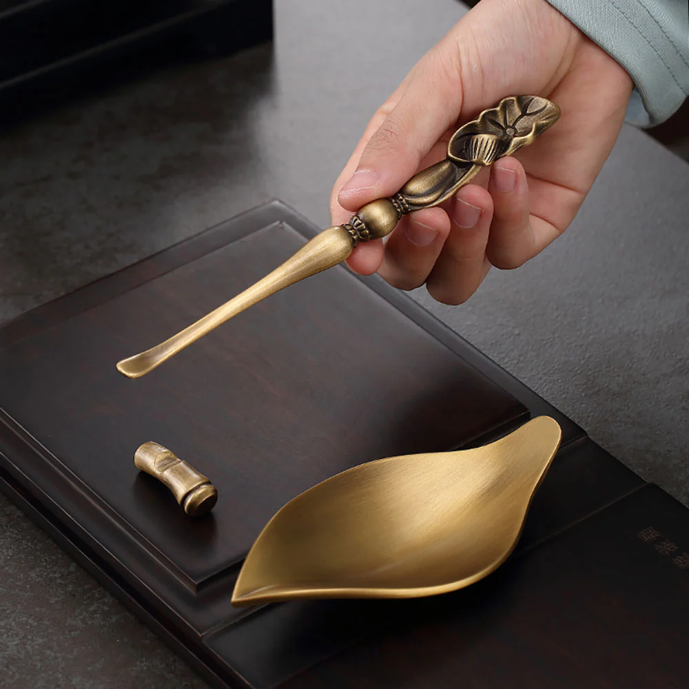 Handmade Brass Tea Holder With Lotus Spoon - Image 3