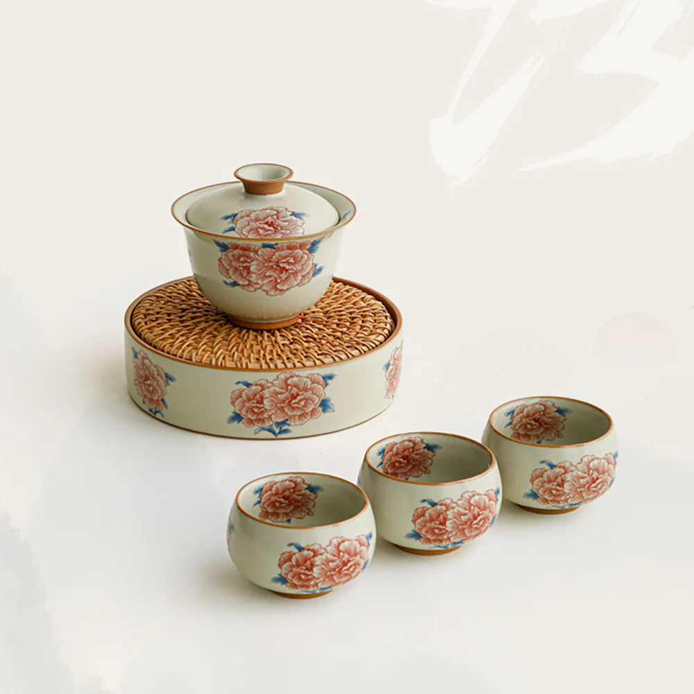 Hibiscus Flower Ruyao Porcelain Gaiwan Set - Image 2