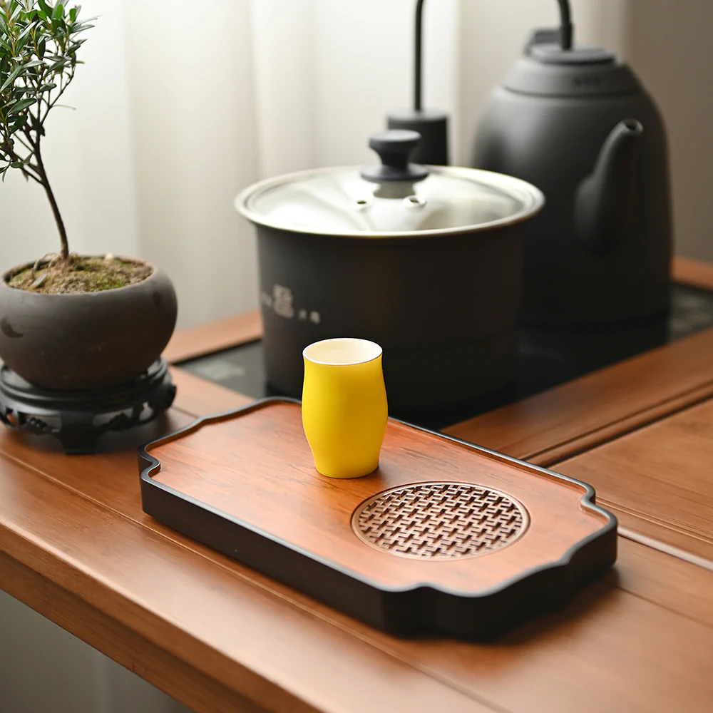 Hollow Metal Stand Bamboo Tea Tray - Image 2