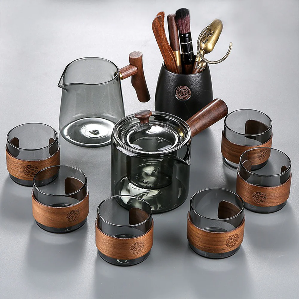 Ink Glass Tea Set With Wooden Handle - Image 6