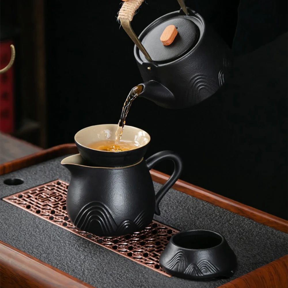 Japanese Black Pottery Mountains Tea Set - Image 2