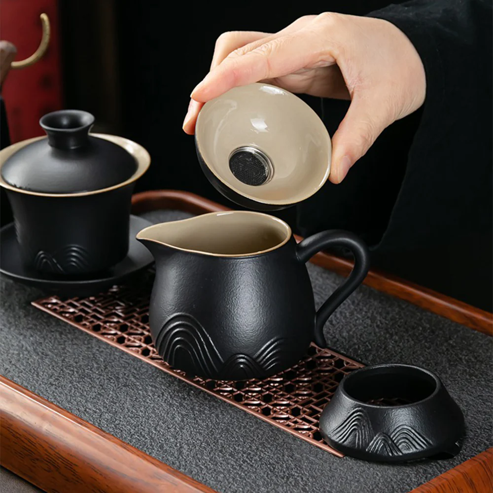 Japanese Black Pottery Mountains Tea Set - Image 3