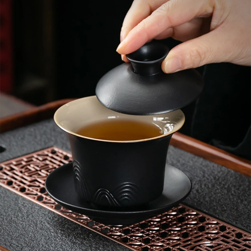 Japanese Black Pottery Mountains Tea Set - Image 4