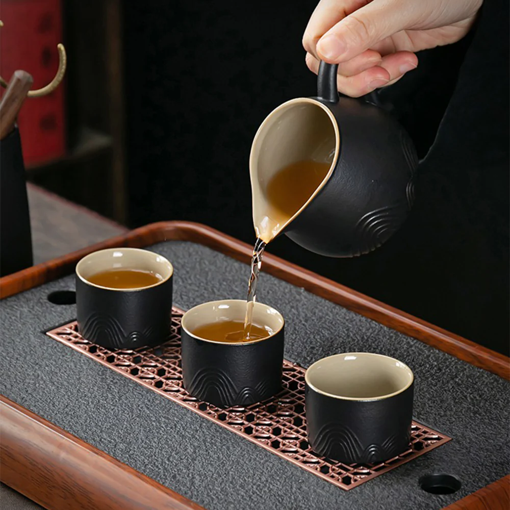 Japanese Black Pottery Mountains Tea Set - Image 5
