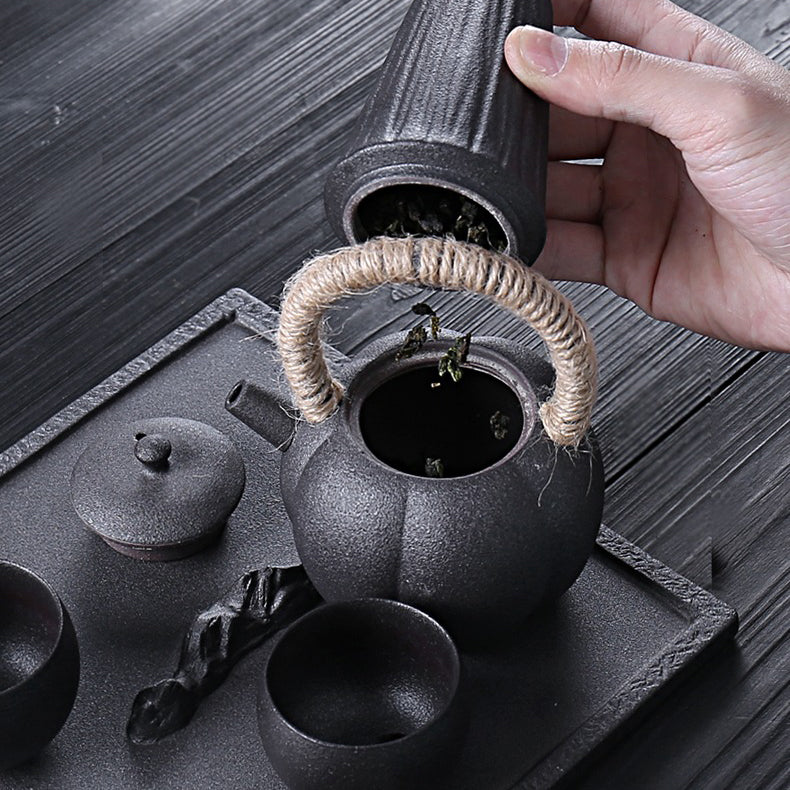 Japanese Black Pottery Wabi-sabi Tea Set - Image 3