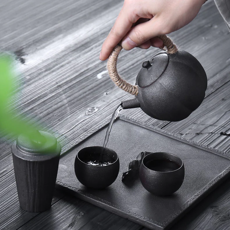 Japanese Black Pottery Wabi-sabi Tea Set - Image 4