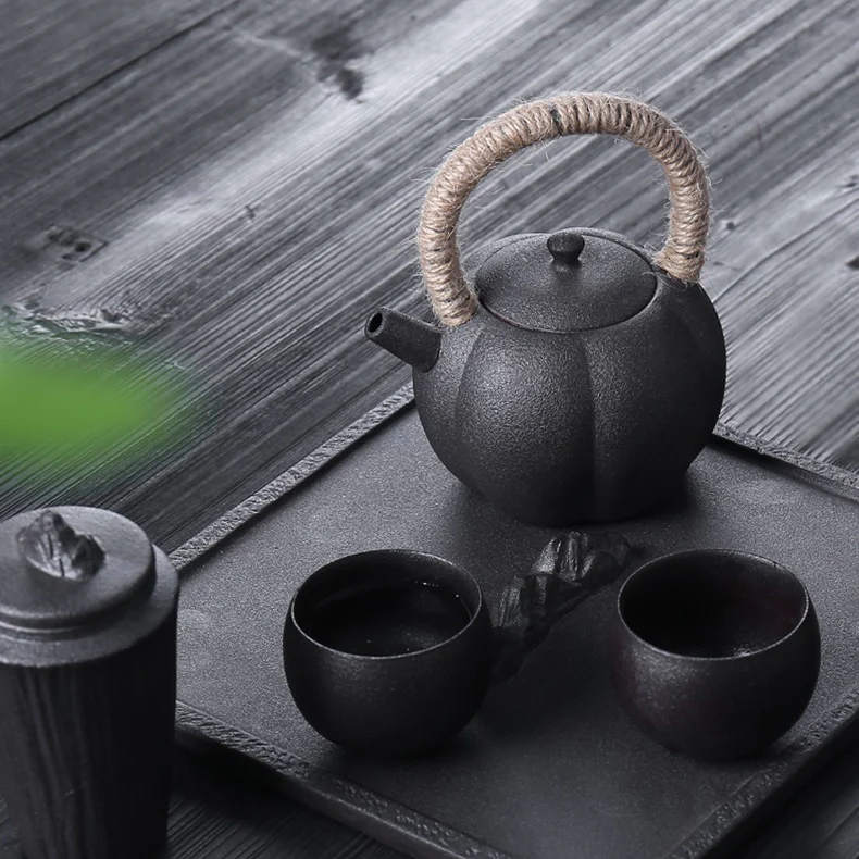 Japanese Black Pottery Wabi-sabi Tea Set - Image 5