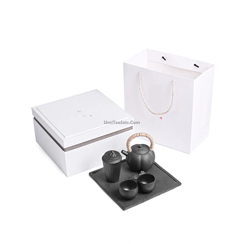 Japanese Black Pottery Wabi-sabi Tea Set - Image 6
