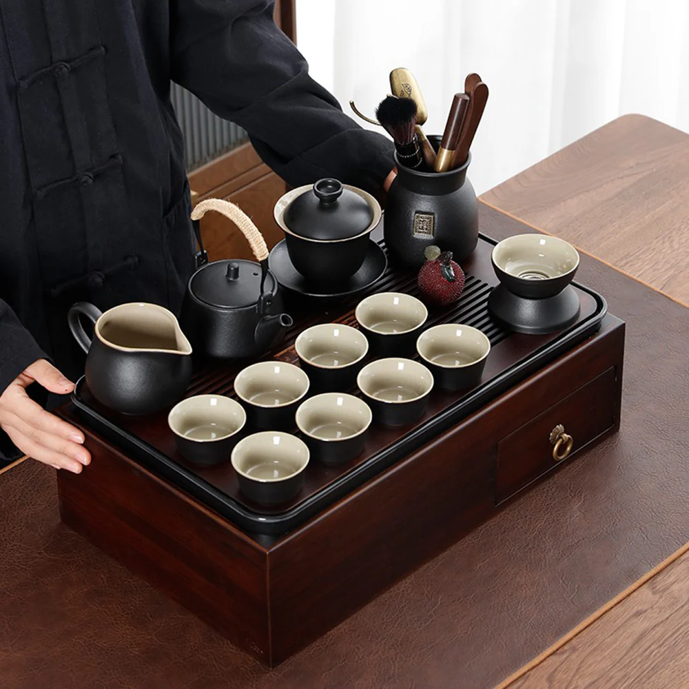Japanese Black Pottery Tea Set With Storage Box Tray - Image 2