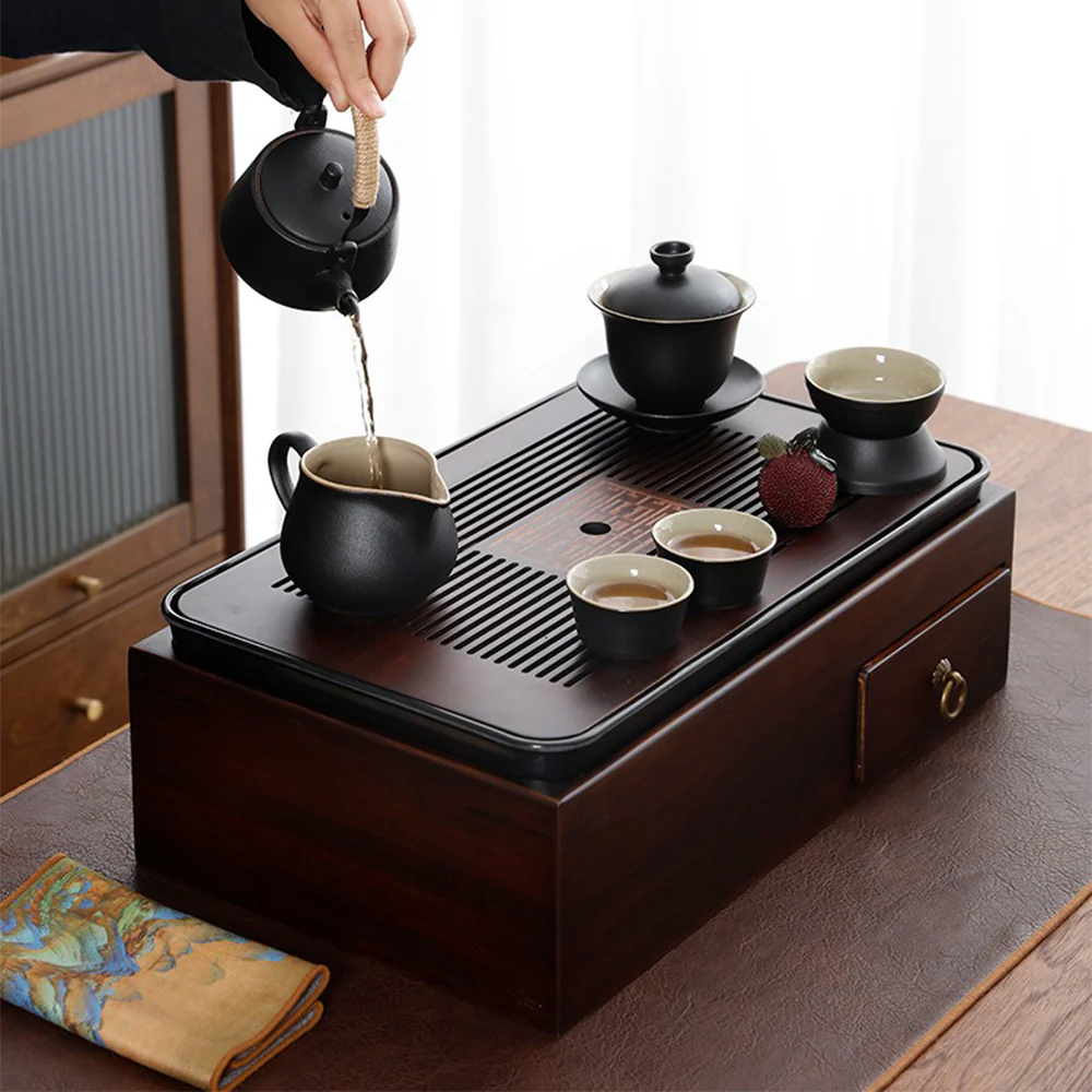 Japanese Black Pottery Tea Set With Storage Box Tray - Image 3