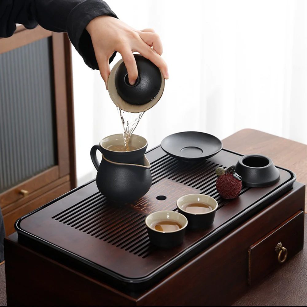 Japanese Black Pottery Tea Set With Storage Box Tray - Image 4