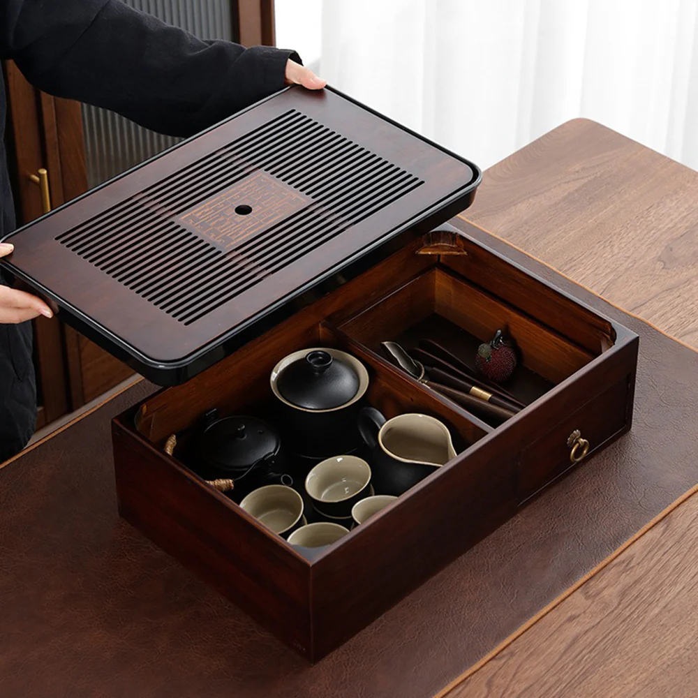 Japanese Black Pottery Tea Set With Storage Box Tray - Image 5