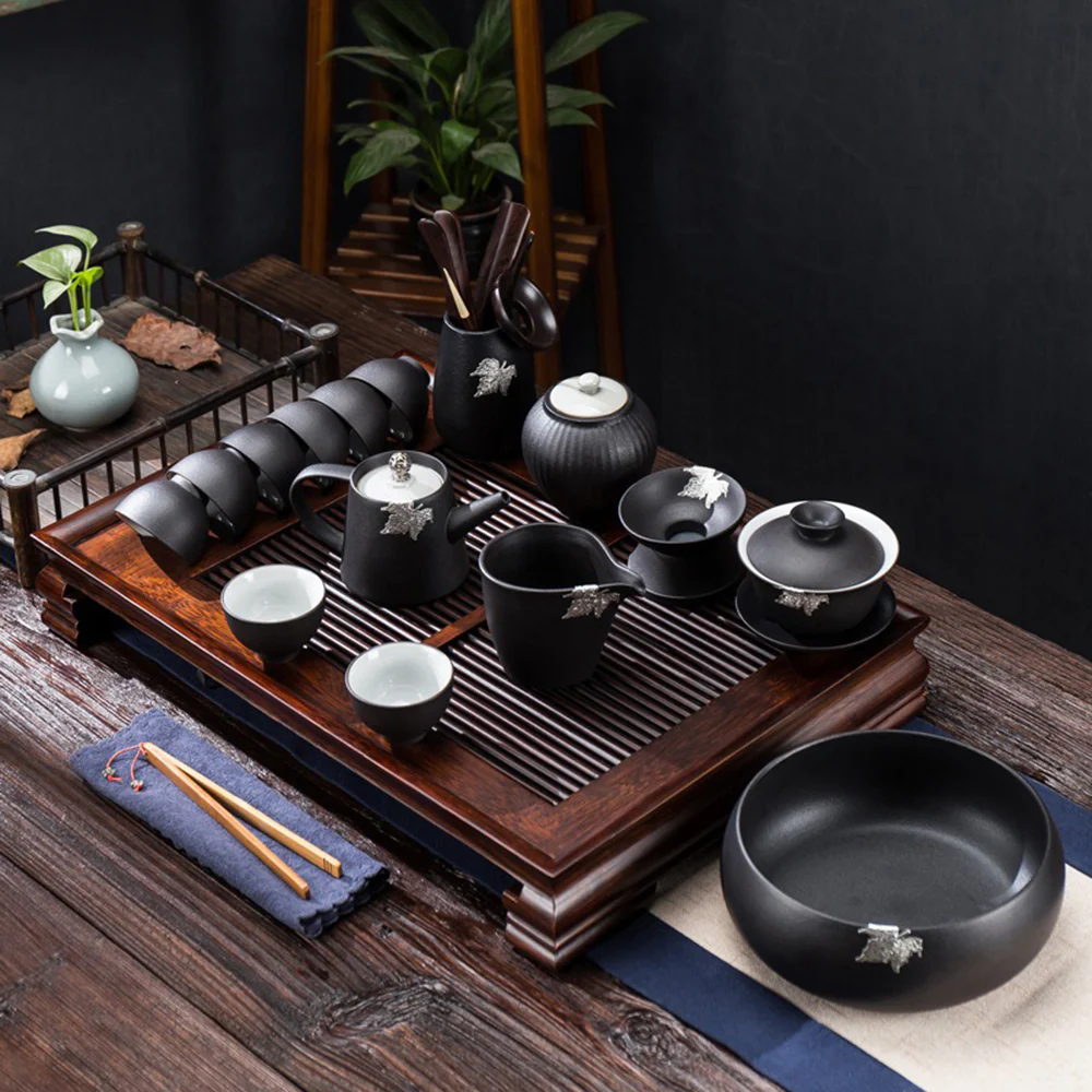 Japanese Black Pottery Tea Set With Tea Tray - Image 3