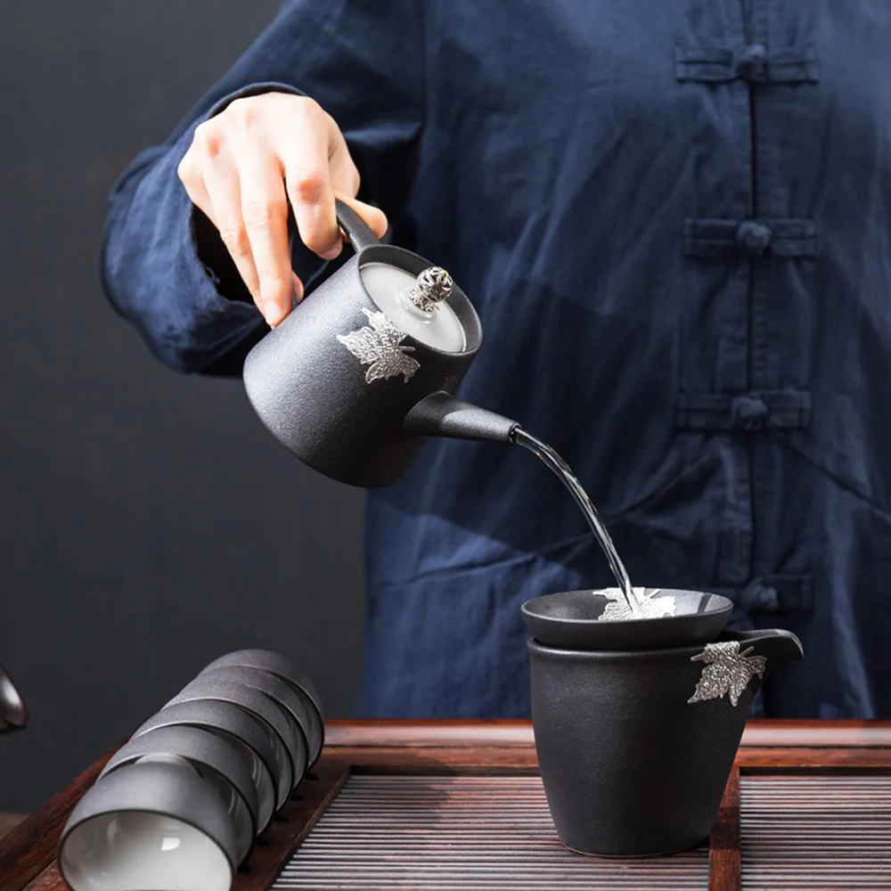 Japanese Black Pottery Tea Set With Tea Tray - Image 4