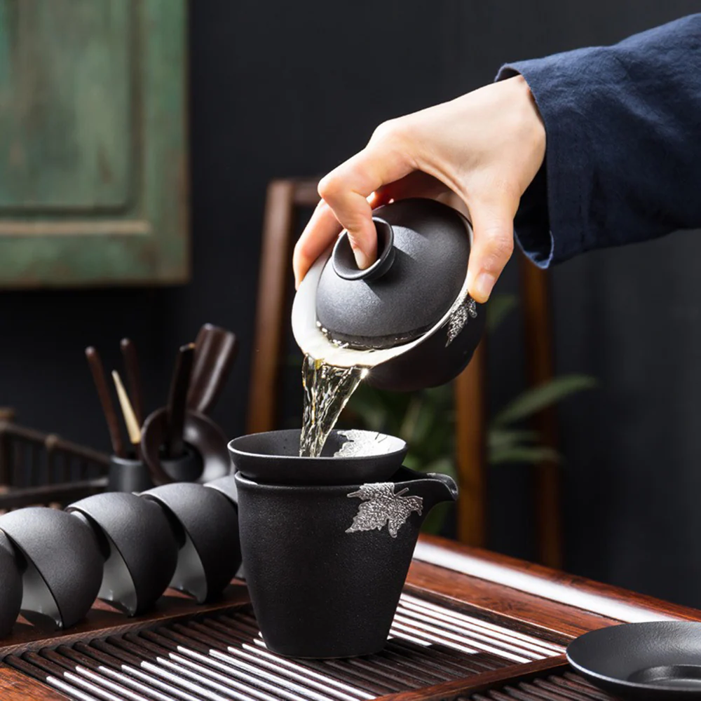 Japanese Black Pottery Tea Set With Tea Tray - Image 5