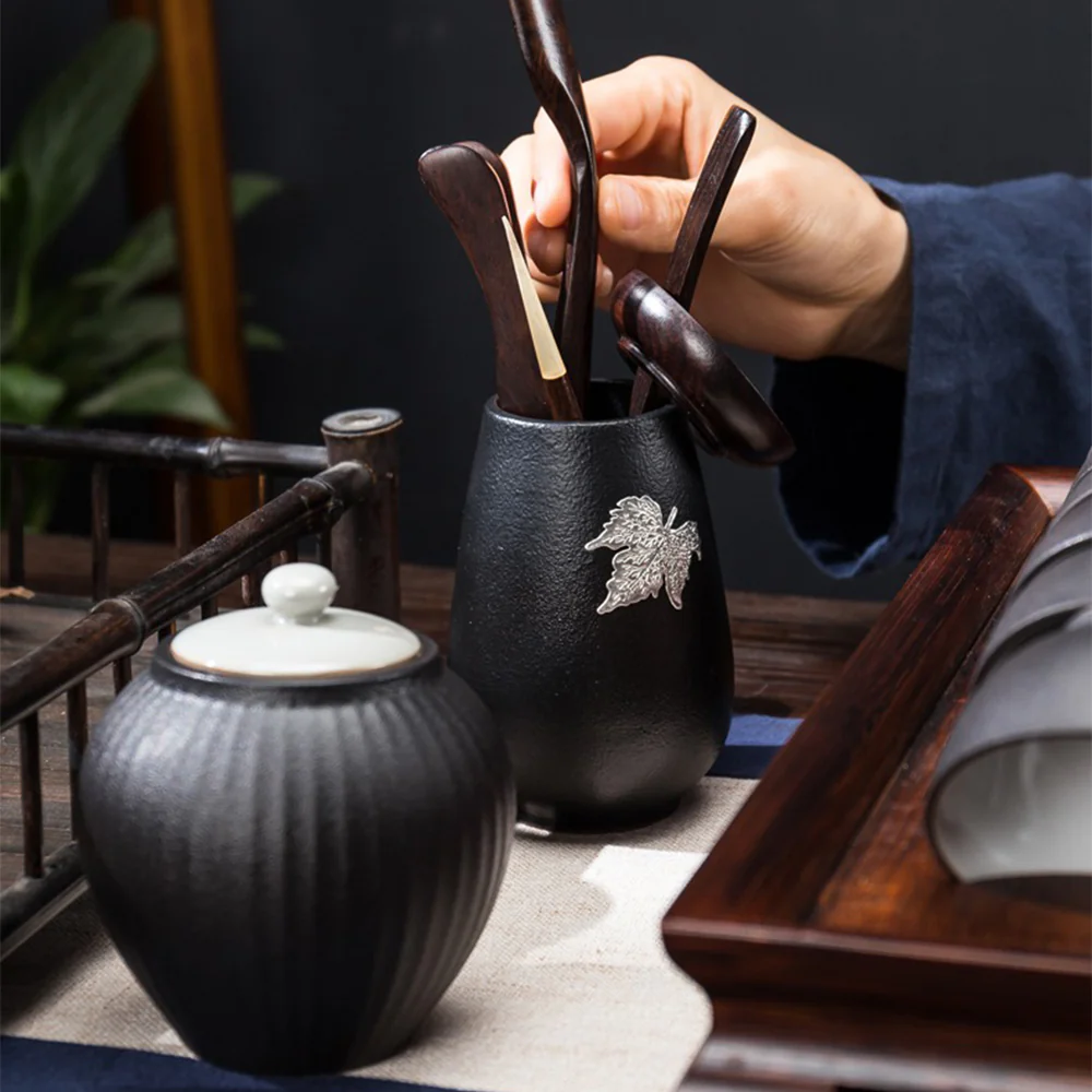 Japanese Black Pottery Tea Set With Tea Tray - Image 6